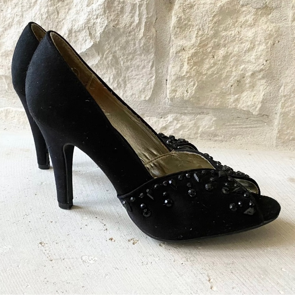 Rocket Dog Sparkle Peep Toe Black Rhinestone Heels SZ 6